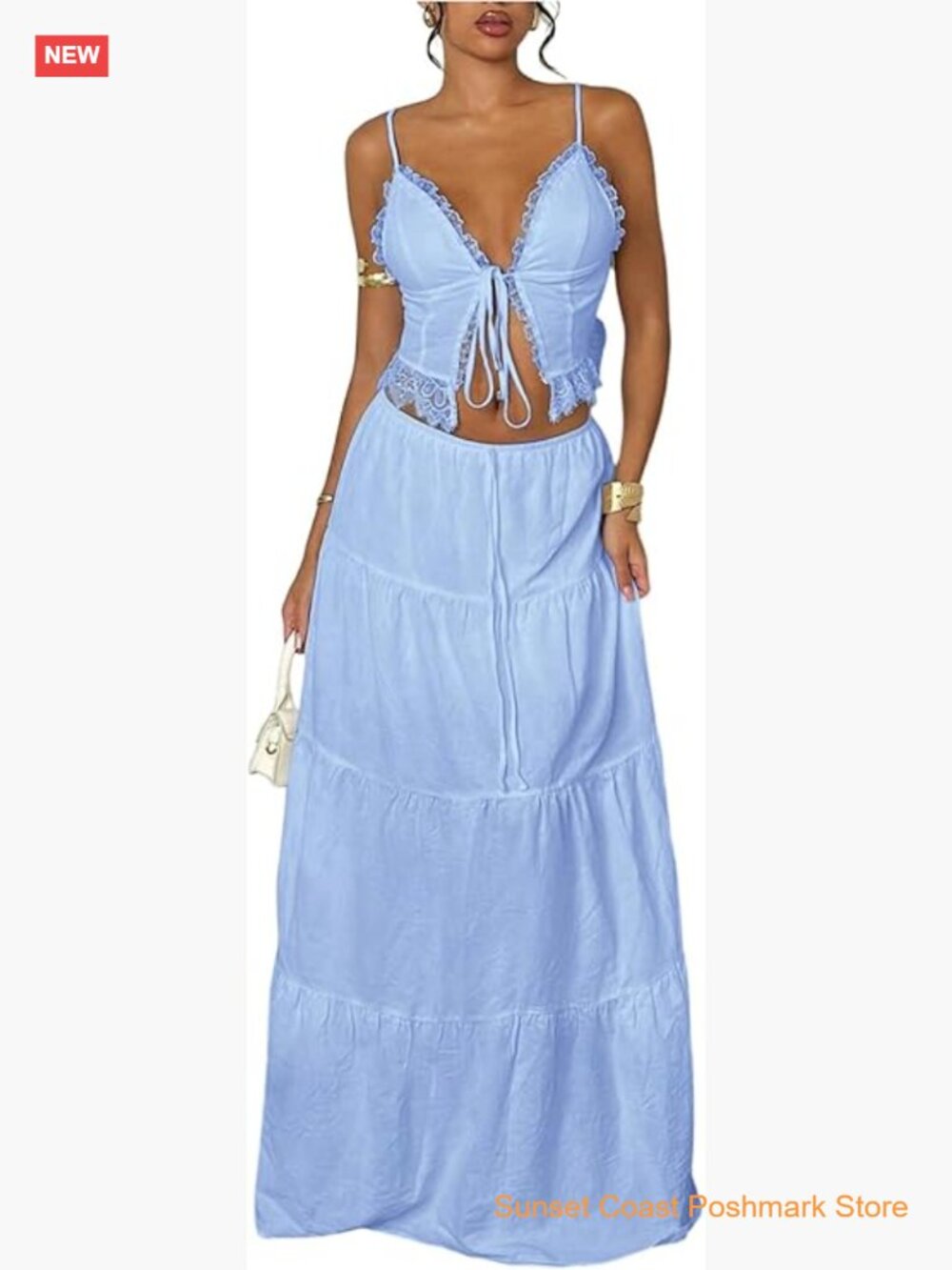 Lace Trim Tie Front Camisole Tiered Maxi Skirt Set Boho Two Piece